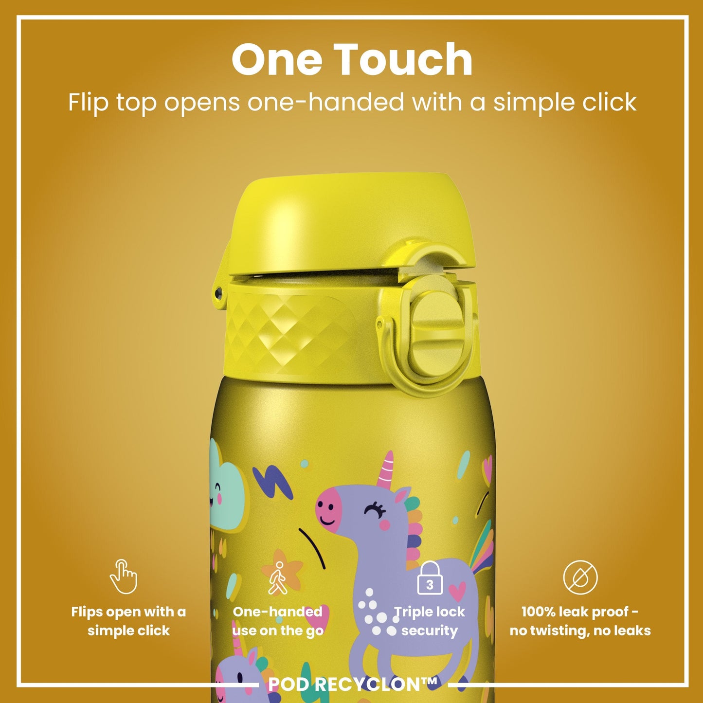Leak Proof Kids Water Bottle, Recyclon, Yellow Unicorns, 350ml (12oz)