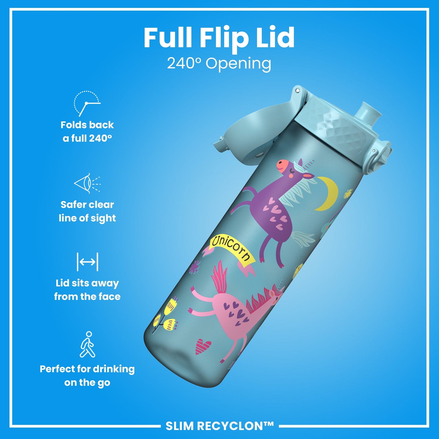 Leak Proof Slim Water Bottle, Recyclon, Blue Unicorns, 500ml (18oz)