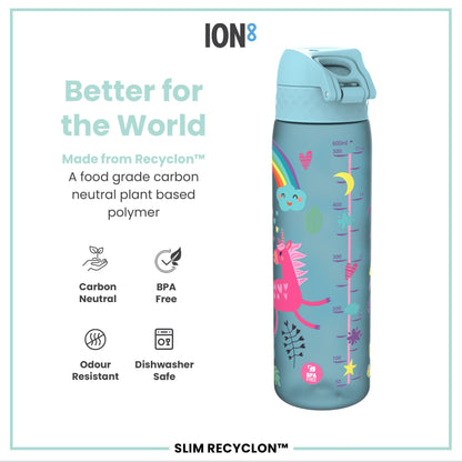 Leak Proof Slim Water Bottle, Recyclon, Blue Unicorns, 500ml (18oz)