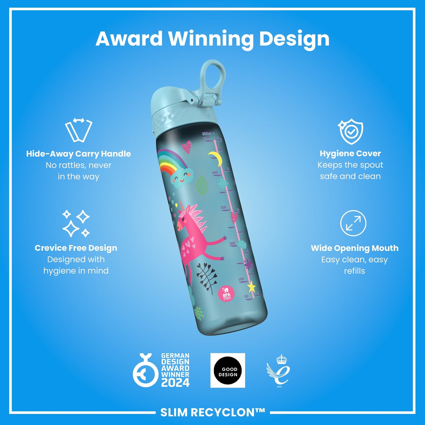 Leak Proof Slim Water Bottle, Recyclon, Blue Unicorns, 500ml (18oz)