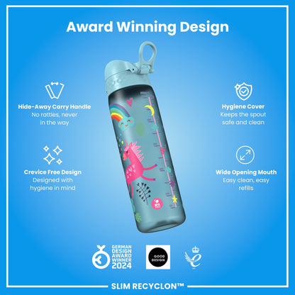 Leak Proof Slim Water Bottle, Recyclon, Blue Unicorns, 500ml (18oz)