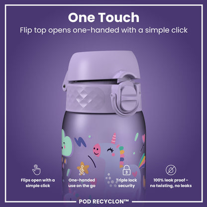 Leak Proof Kids Water Bottle, Recyclon, Purple Unicorns, 350ml (12oz)