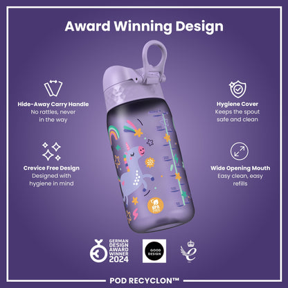 Leak Proof Kids Water Bottle, Recyclon, Purple Unicorns, 350ml (12oz)
