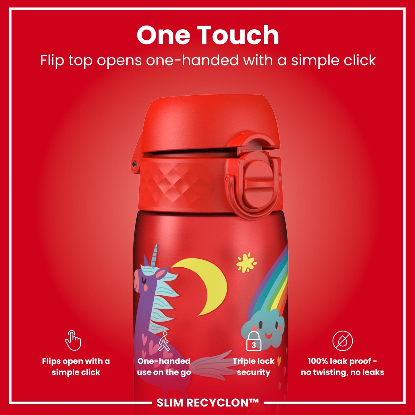 Leak Proof Slim Water Bottle, Recyclon, Red Unicorns, 500ml (18oz)