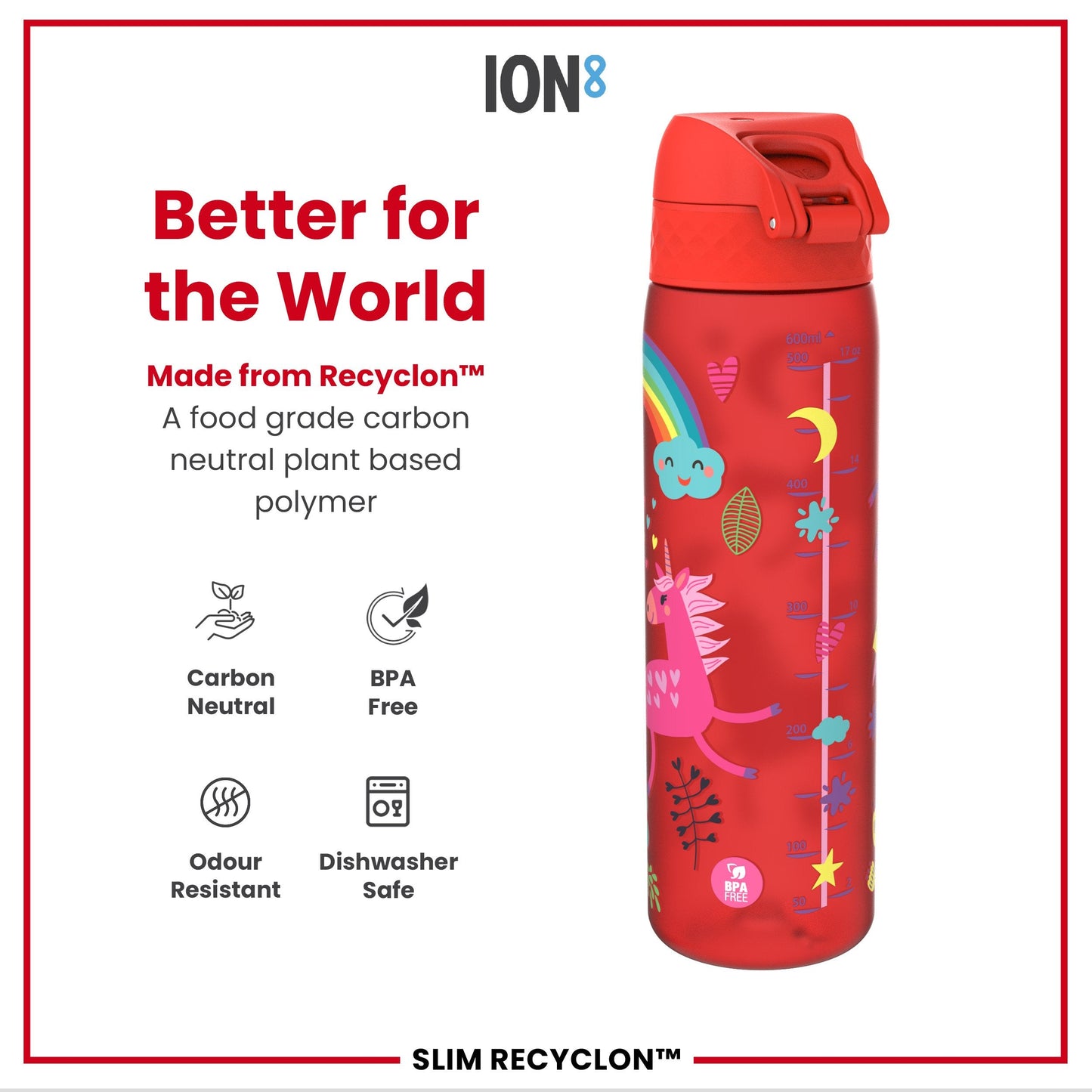 Leak Proof Slim Water Bottle, Recyclon, Red Unicorns, 500ml (18oz)
