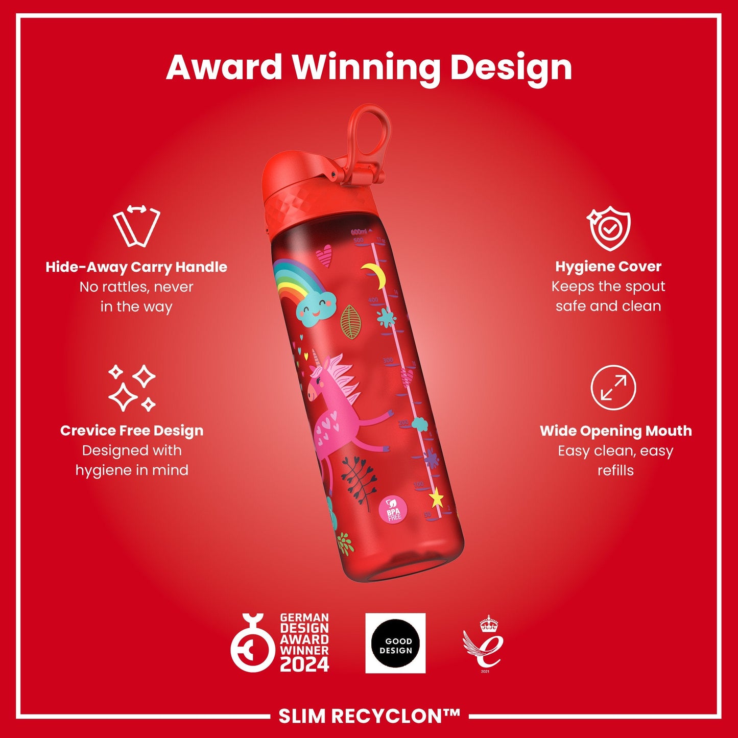 Leak Proof Slim Water Bottle, Recyclon, Red Unicorns, 500ml (18oz)