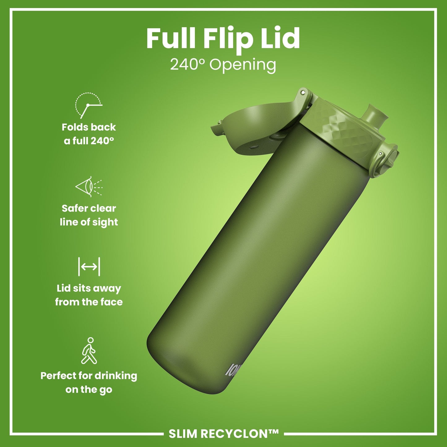 Leak Proof Slim Water Bottle, Recyclon, Khaki Green, 500ml (18oz)