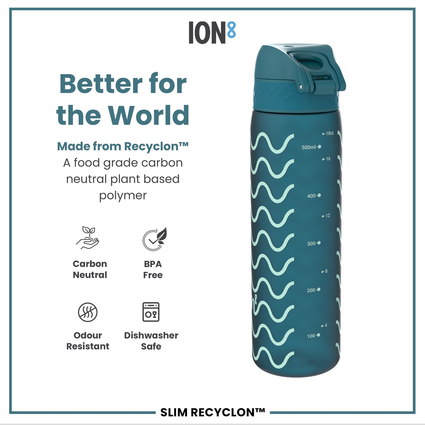 Leak Proof Slim Water Bottle, Recyclon, Waves, 500ml (18oz)