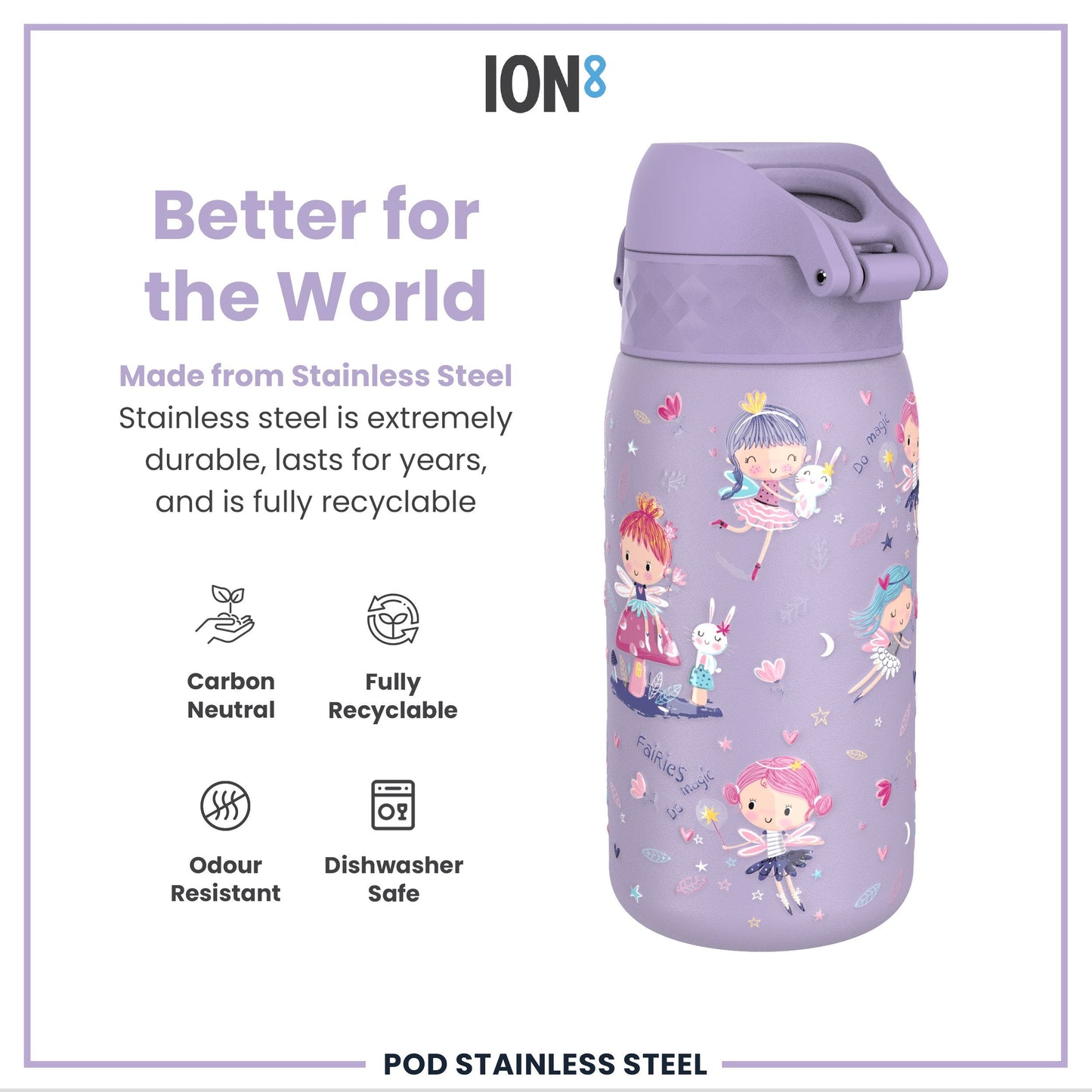 Leak Proof Kids Water Bottle, Stainless Steel, Fairies, 400ml (13oz)