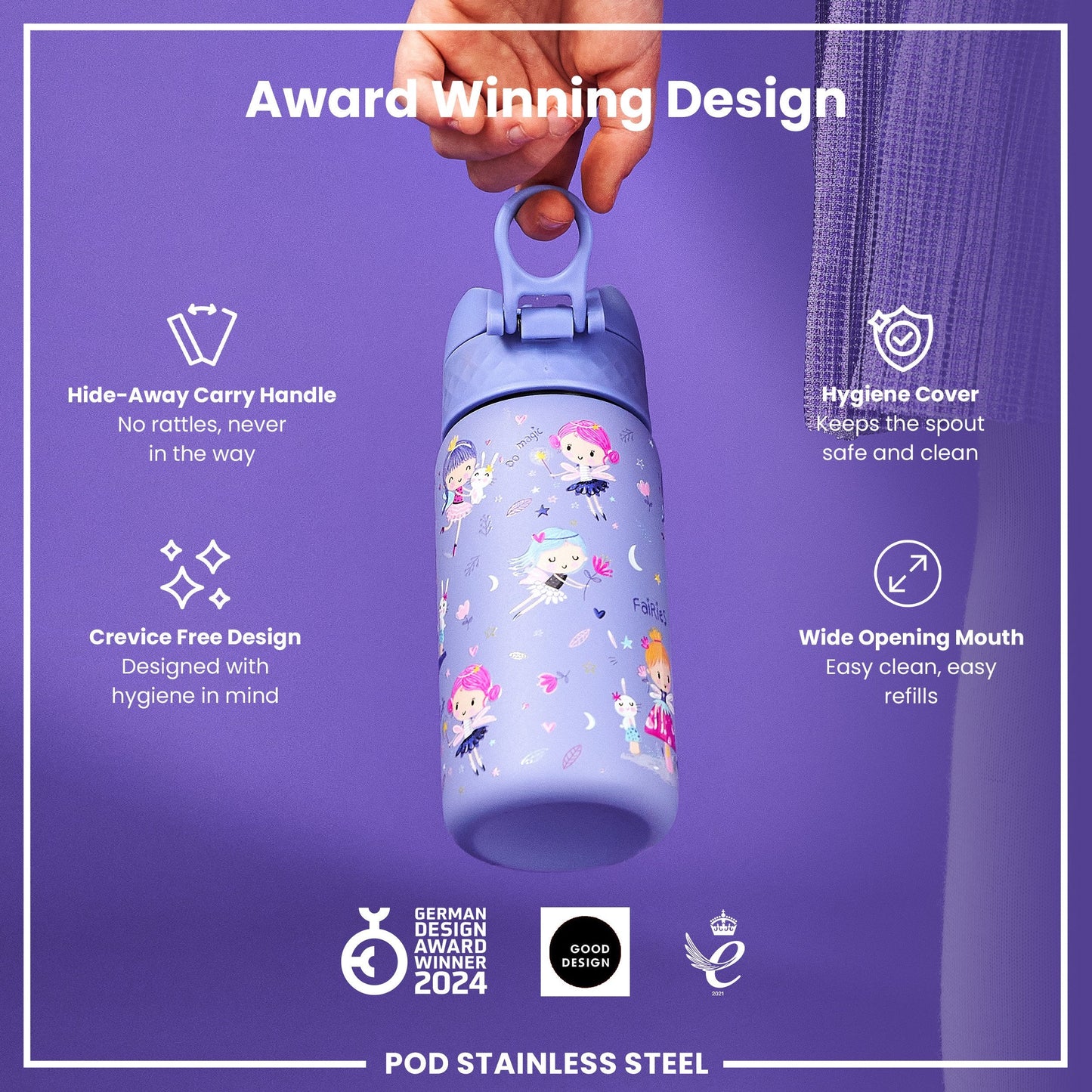 Leak Proof Kids Water Bottle, Stainless Steel, Fairies, 400ml (13oz)