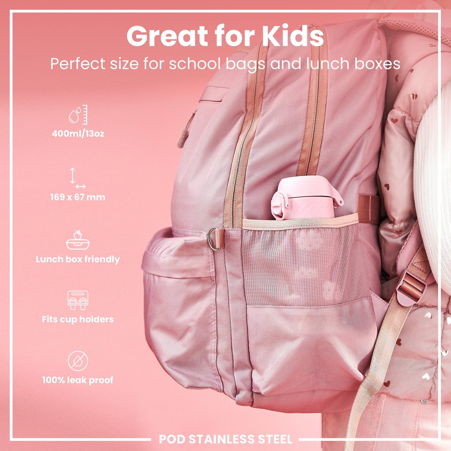 Leak Proof Kids Water Bottle, Stainless Steel, Rainbows, 400ml (13oz)