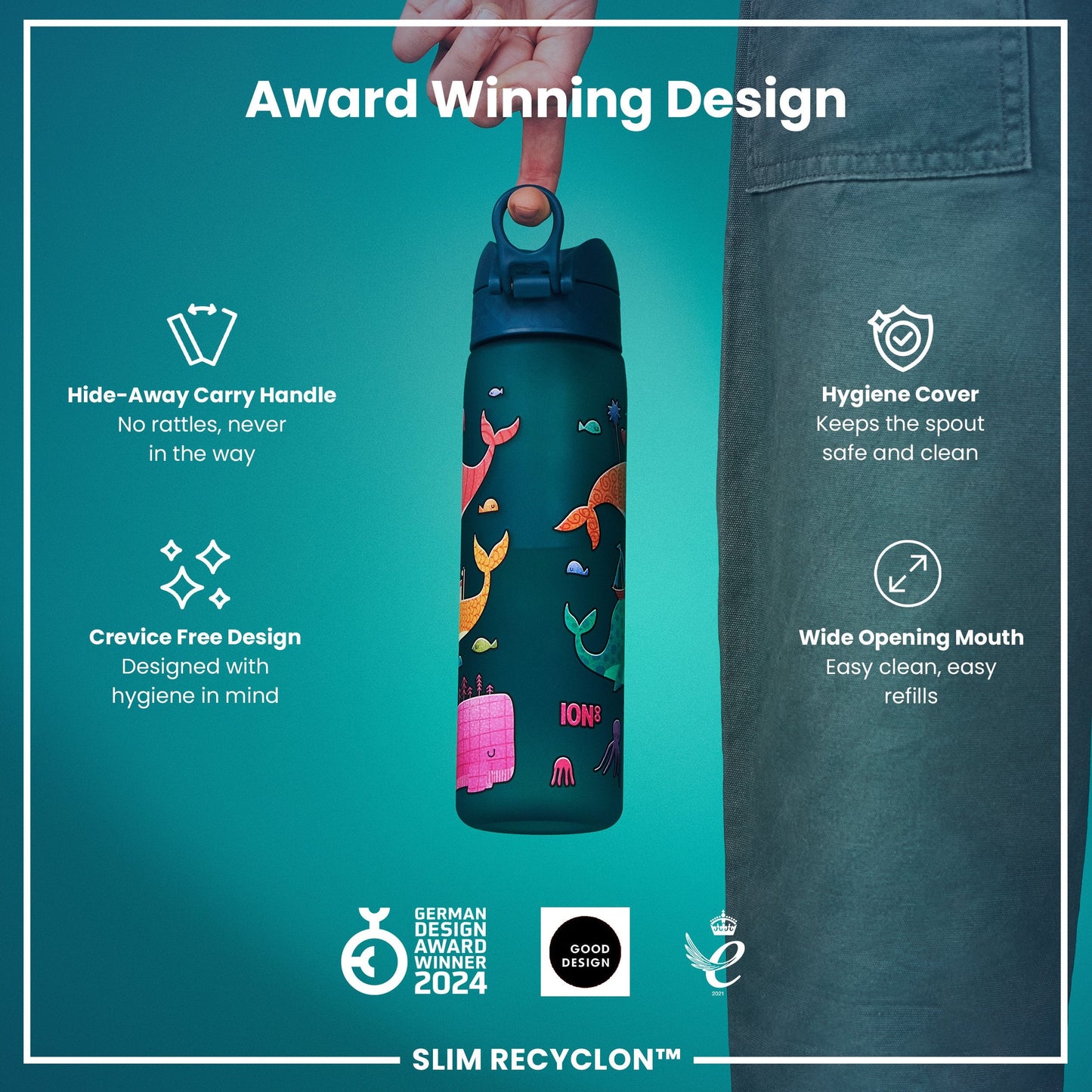 Leak Proof Slim Water Bottle, Recyclon, Whales, 500ml (18oz)