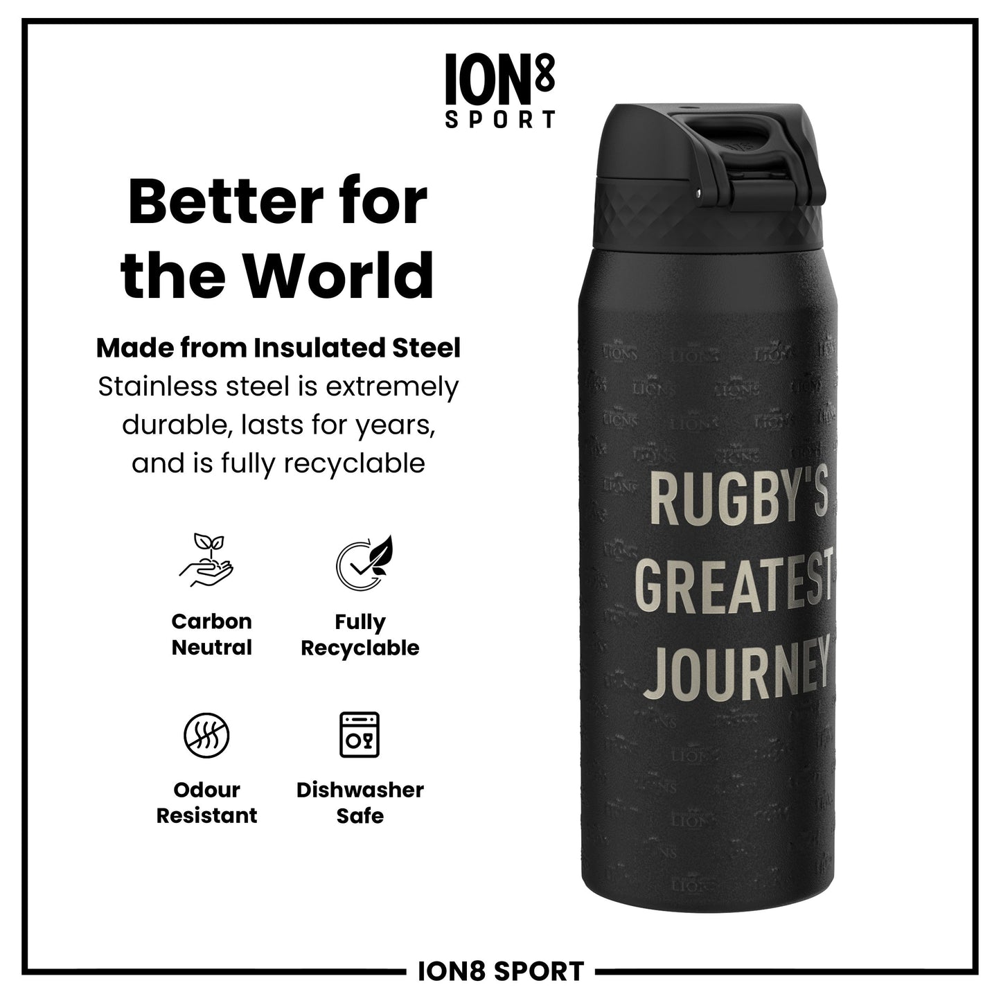 Lions X ION8 Insulated Steel Water Bottle, British & Irish Lions, Rugbys Greatest Journey, 750ml (24oz)