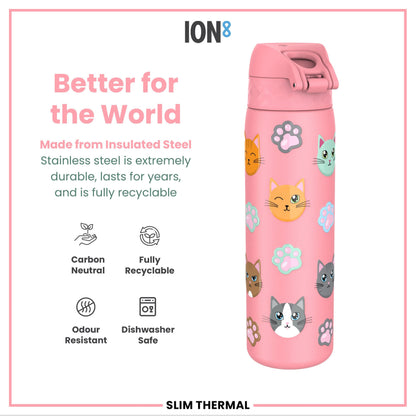 Leak Proof Slim Thermal Steel Water Bottle, Insulated, Cats, 500ml (17oz)