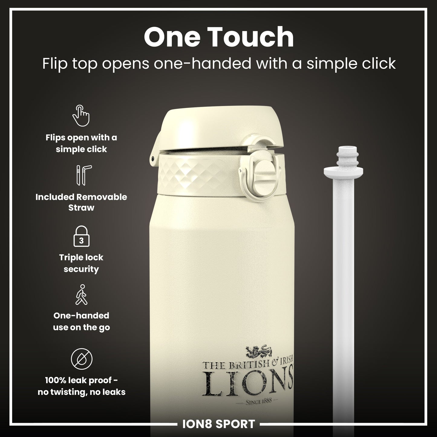 Lions X ION8 Insulated Steel Water Bottle, British & Irish Lions, Crest, 750ml (24oz)