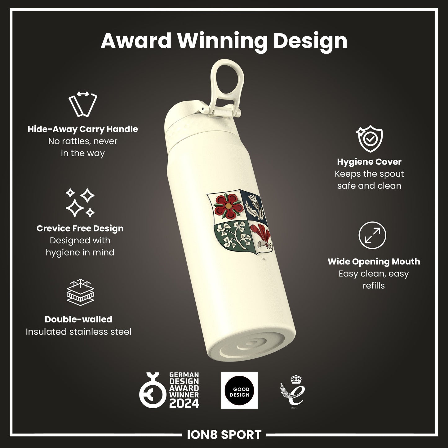 Lions X ION8 Insulated Steel Water Bottle, British & Irish Lions, Crest, 750ml (24oz)