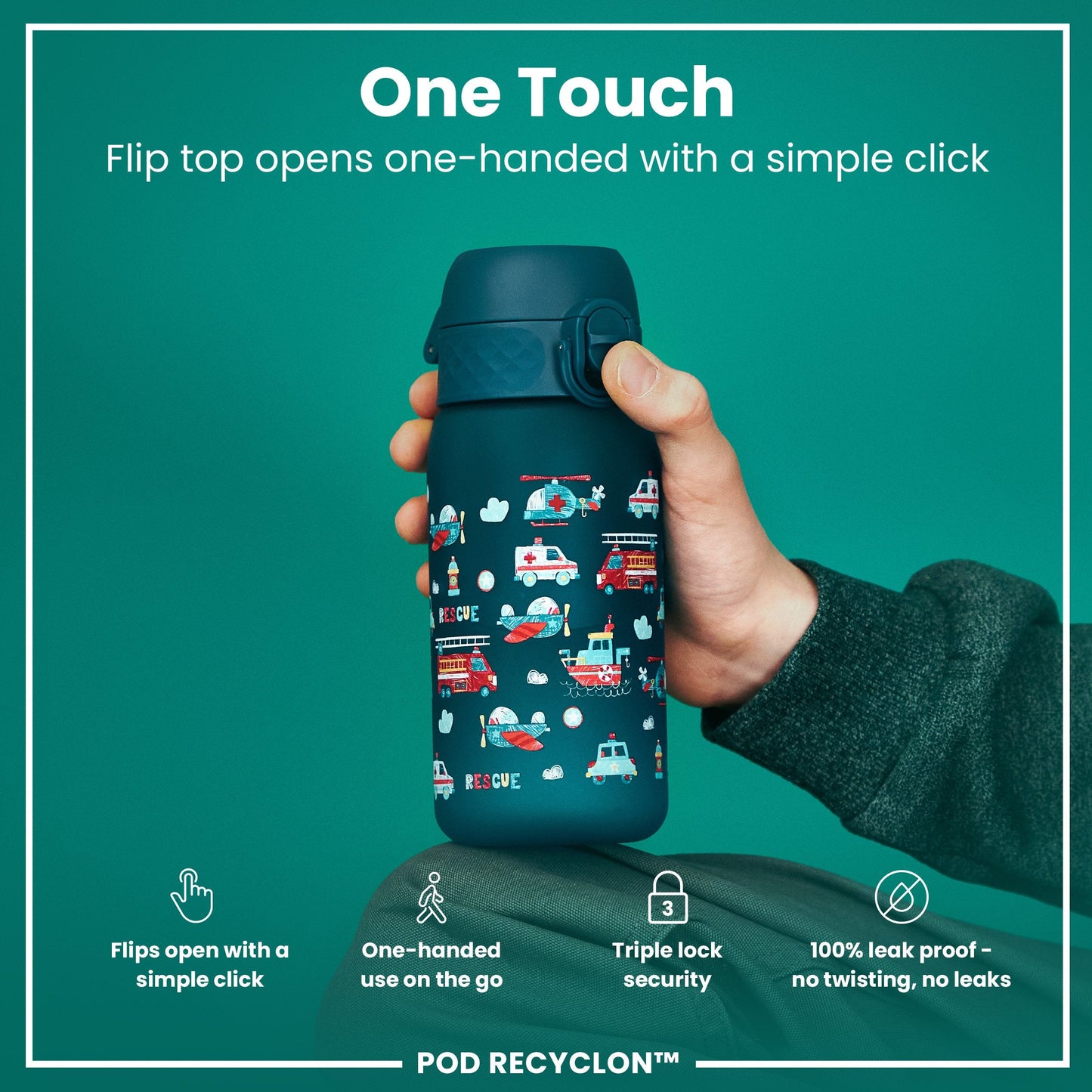 Leak Proof Kids Water Bottle, Recyclon, Rescue Vehicles, 350ml (12oz)