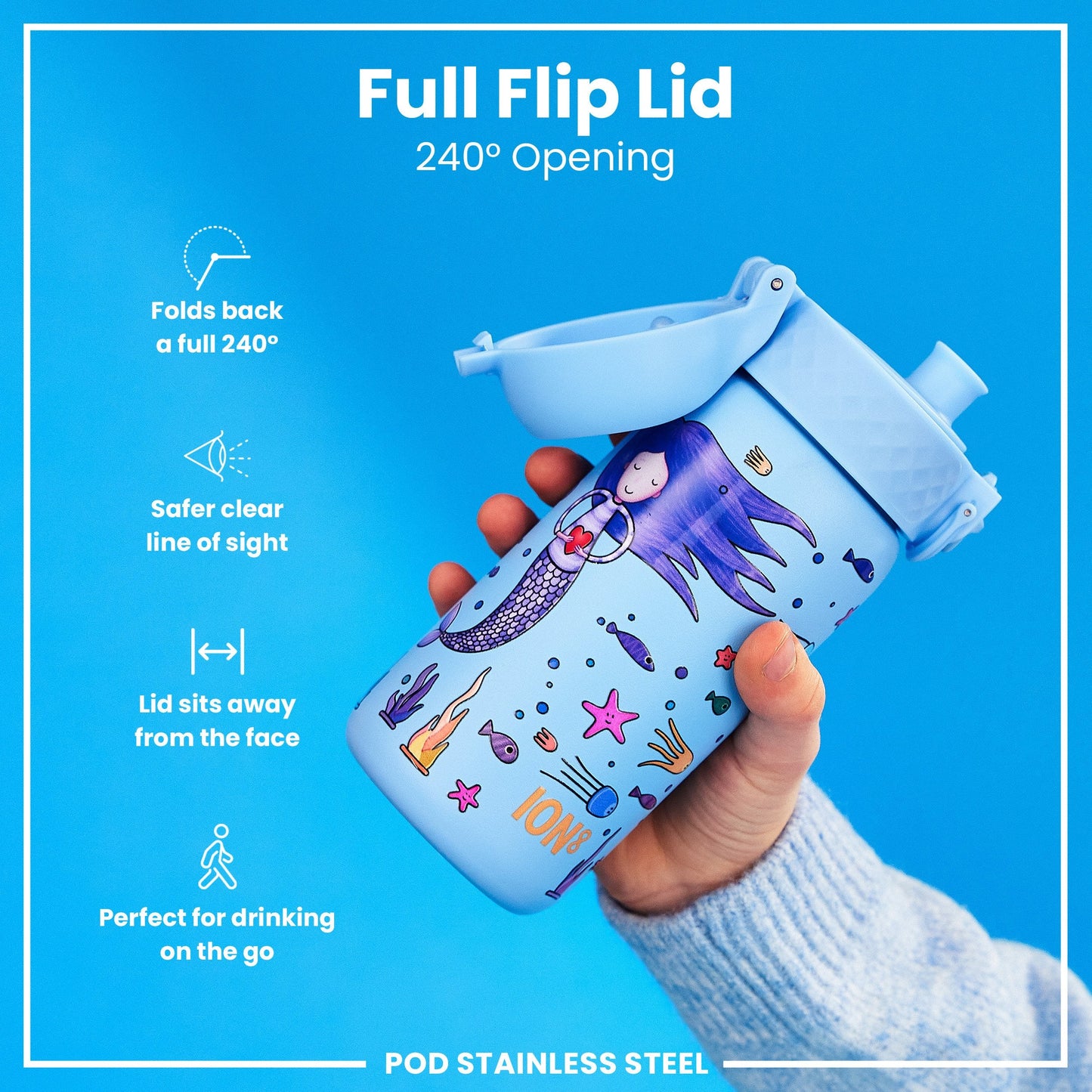 Leak Proof Kids Water Bottle, Stainless Steel, Mermaids, 400ml (13oz)