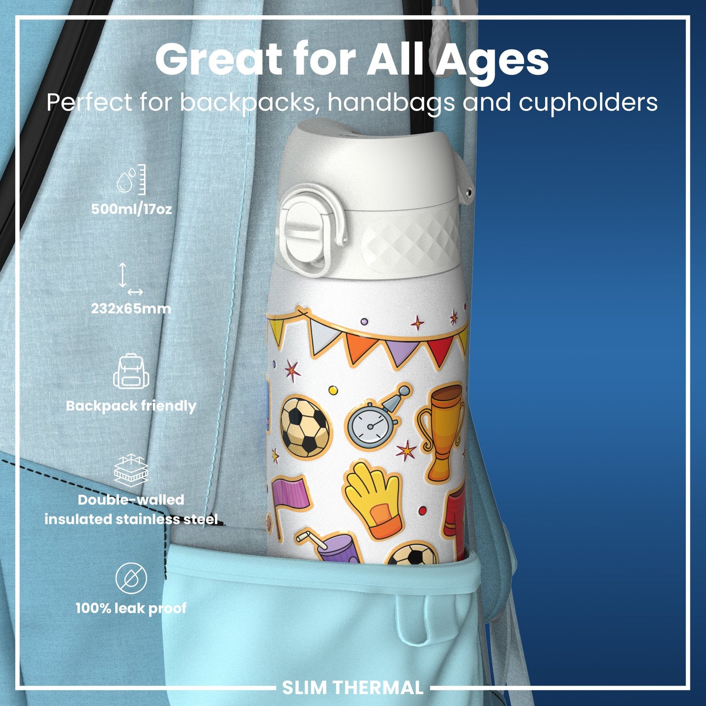 Leak Proof Slim Thermal Steel Water Bottle, Insulated, Football, 500ml (17oz)