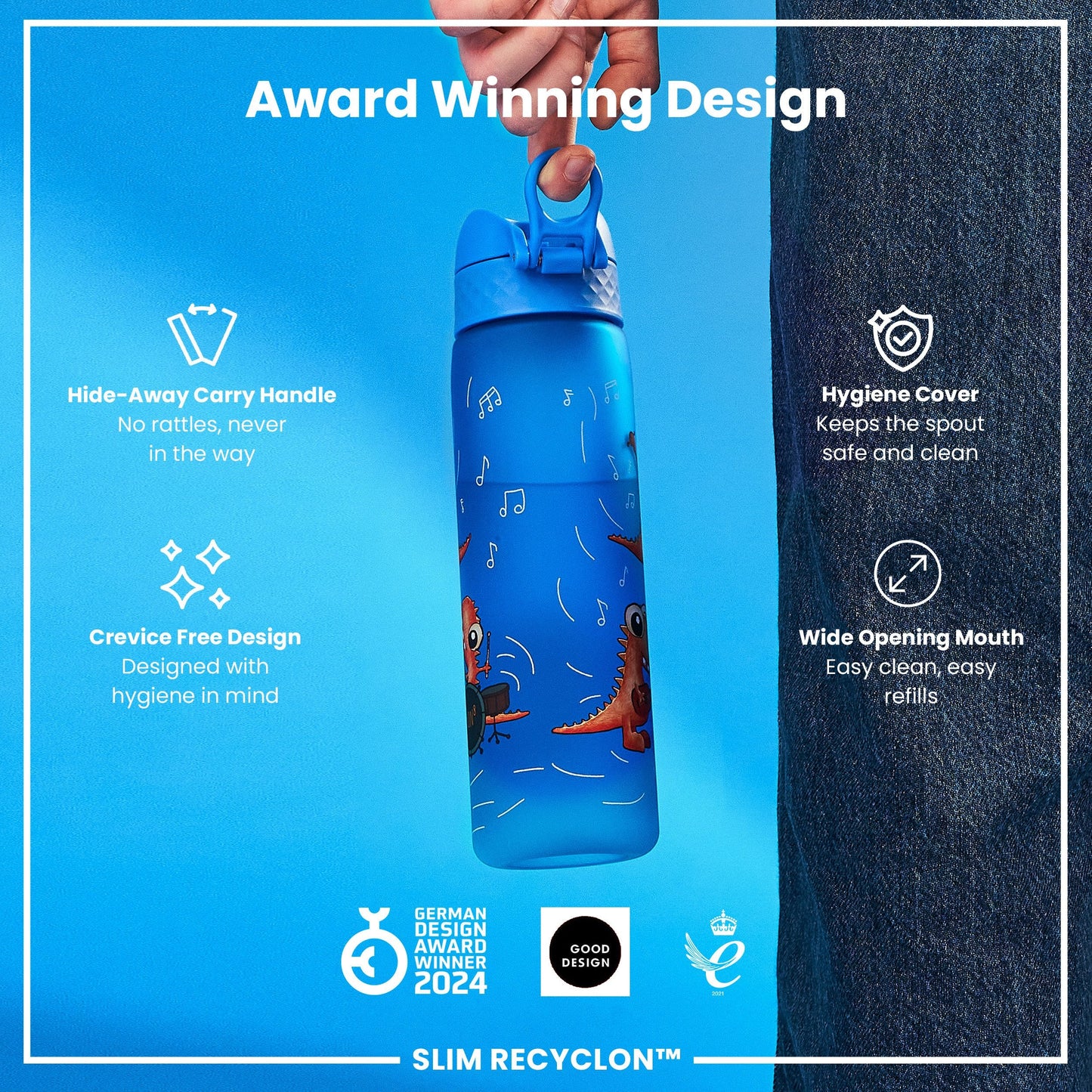 Leak Proof Slim Water Bottle, Recyclon, Dino Band, 500ml (18oz)