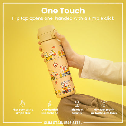 Leak Proof Slim Water Bottle, Stainless Steel, Diggers, 600ml (20oz)