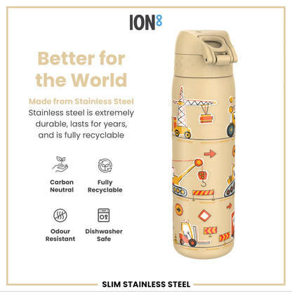 Leak Proof Slim Water Bottle, Stainless Steel, Diggers, 600ml (20oz)