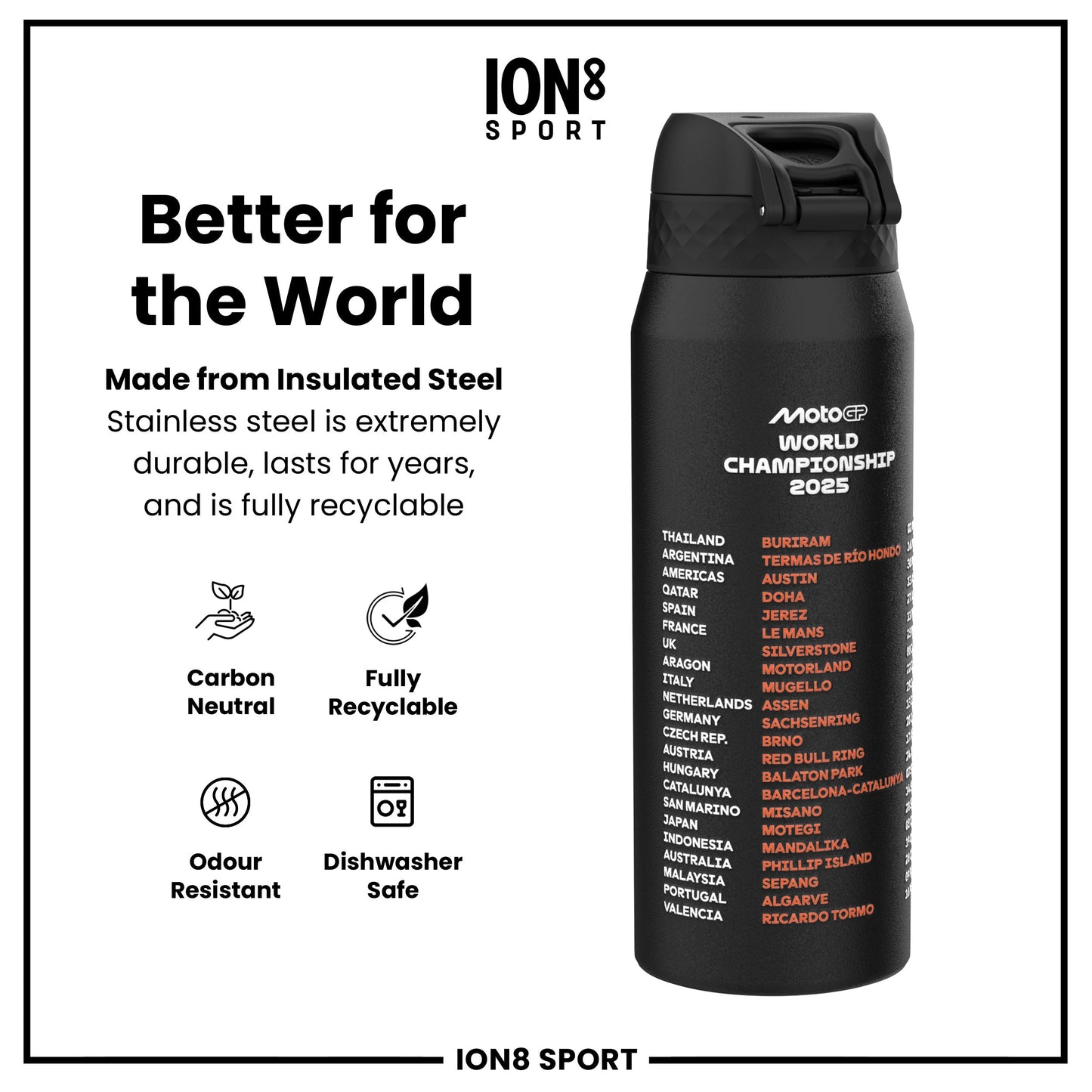 MotoGP x ION8 Insulated Steel Water Bottle, MotoGP Calendar, 750ml (24oz)