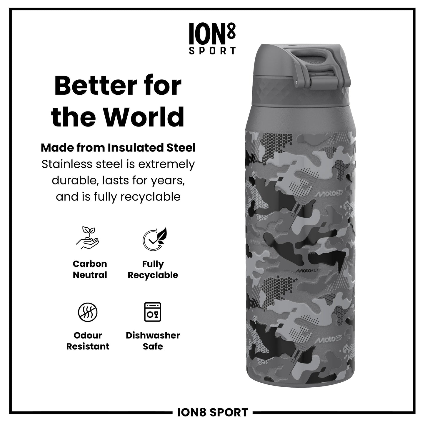 MotoGP x ION8 Insulated Steel Water Bottle, MotoGP Camouflage, 750ml (24oz)