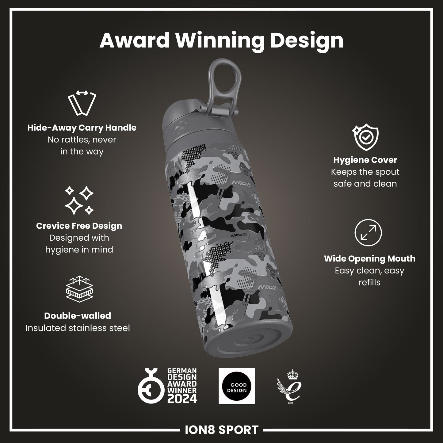 MotoGP x ION8 Insulated Steel Water Bottle, MotoGP Camouflage, 750ml (24oz)