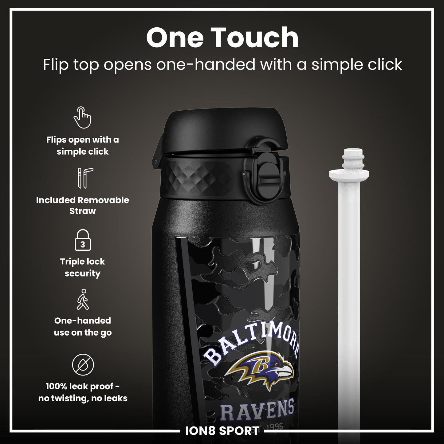 NFL x ION8 Insulated Steel Water Bottle, NFL Ravens, 750ml (24oz)