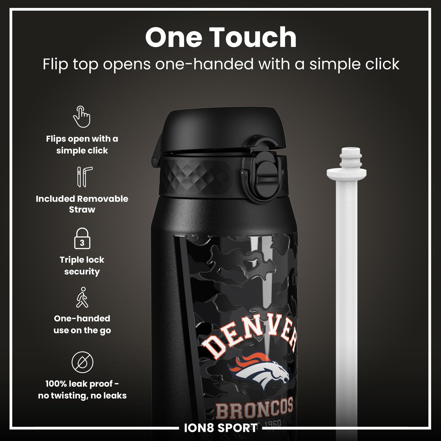 NFL x ION8 Insulated Steel Water Bottle, NFL Broncos, 750ml (24oz)