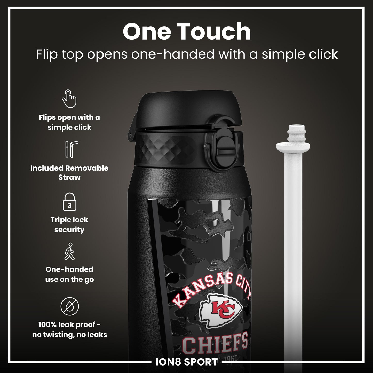 NFL x ION8 Insulated Steel Water Bottle, NFL Chiefs, 750ml (24oz)