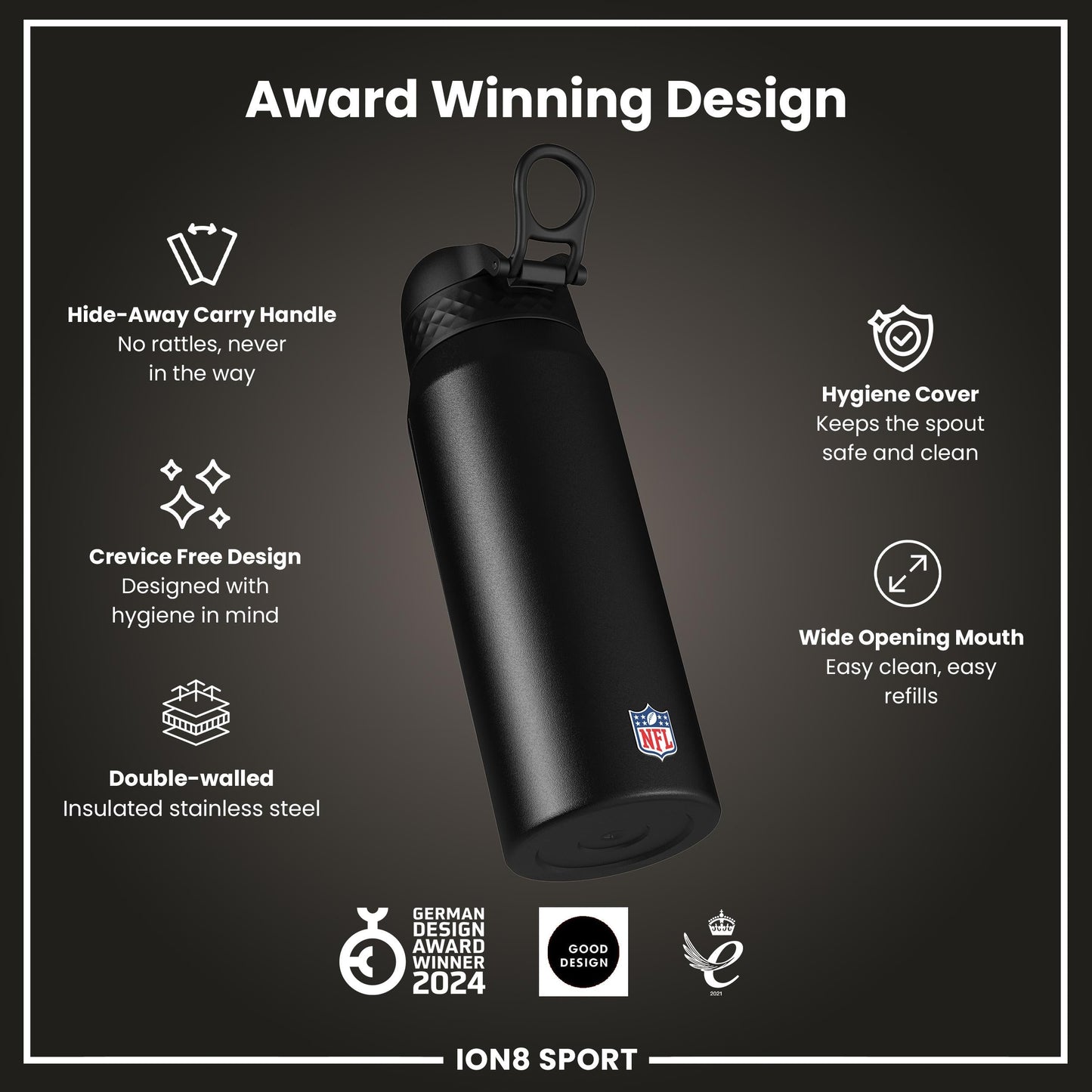 NFL x ION8 Insulated Steel Water Bottle, NFL Chargers, 750ml (24oz)