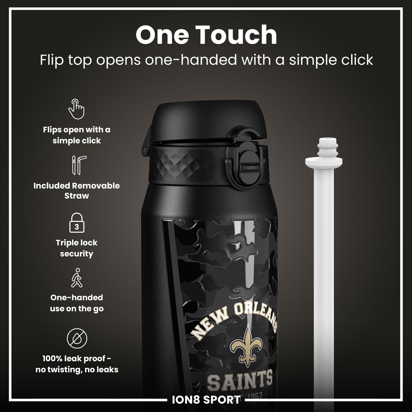 NFL x ION8 Insulated Steel Water Bottle, NFL Saints, 750ml (24oz)