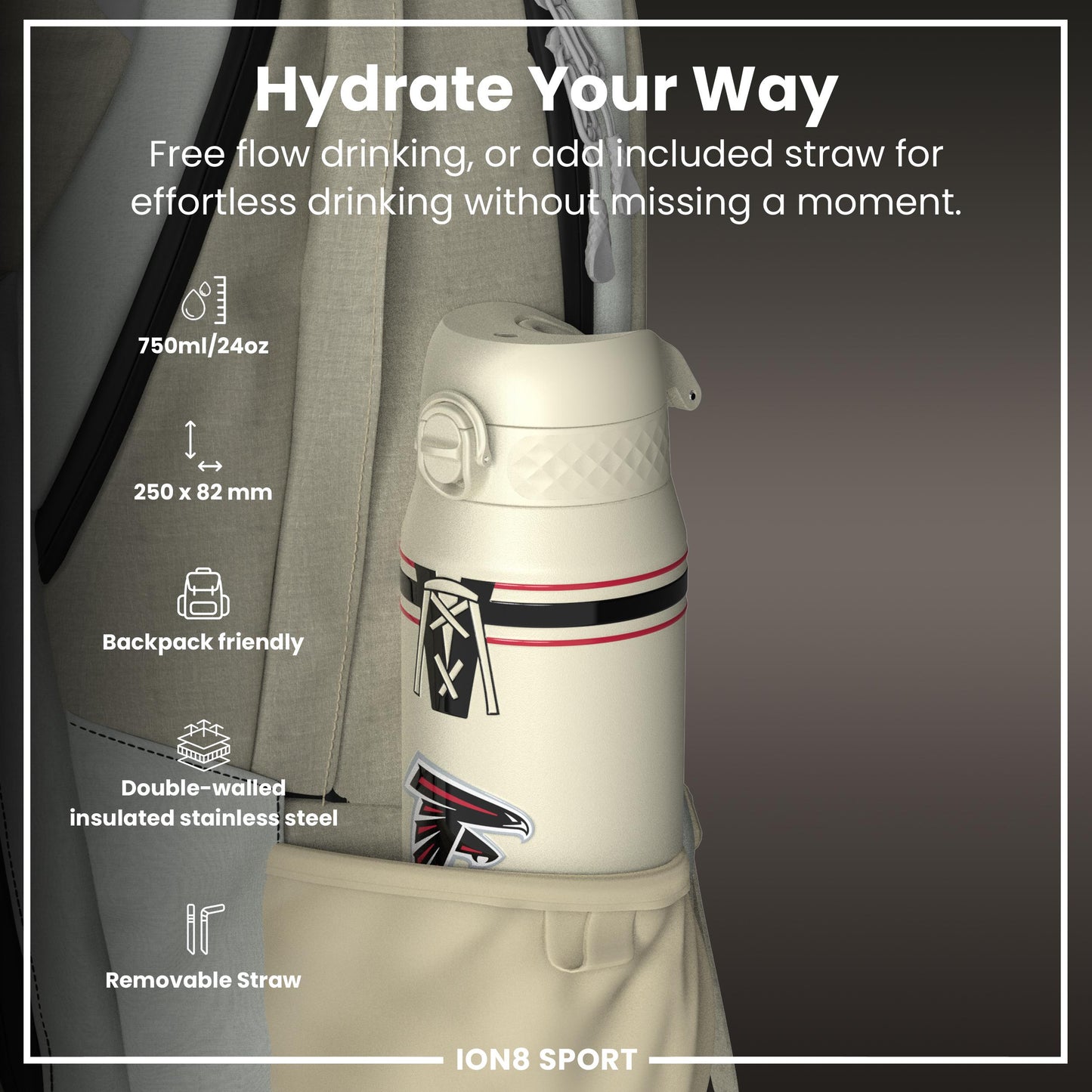 NFL x ION8 Insulated Steel Water Bottle, NFL Falcons, 750ml (24oz)