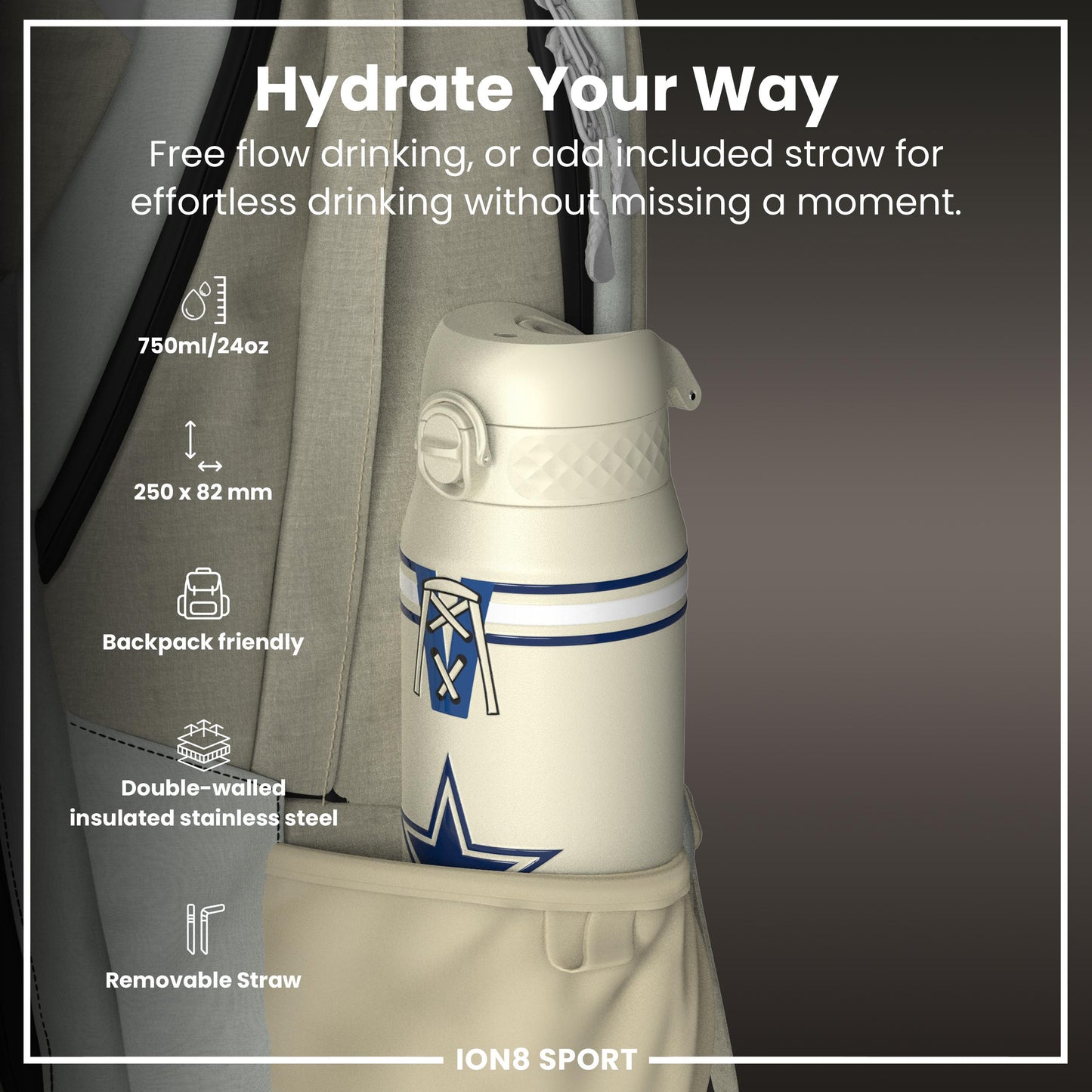 NFL x ION8 Insulated Steel Water Bottle, NFL Cowboys, 750ml (24oz)