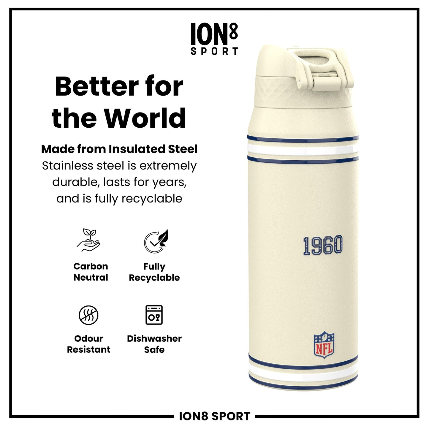 NFL x ION8 Insulated Steel Water Bottle, NFL Cowboys, 750ml (24oz)