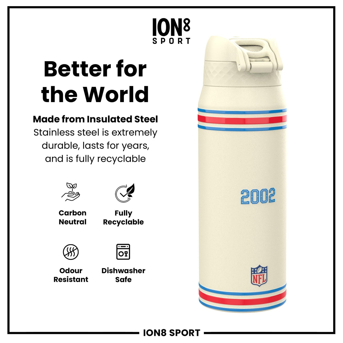 NFL x ION8 Insulated Steel Water Bottle, NFL Texans, 750ml (24oz)