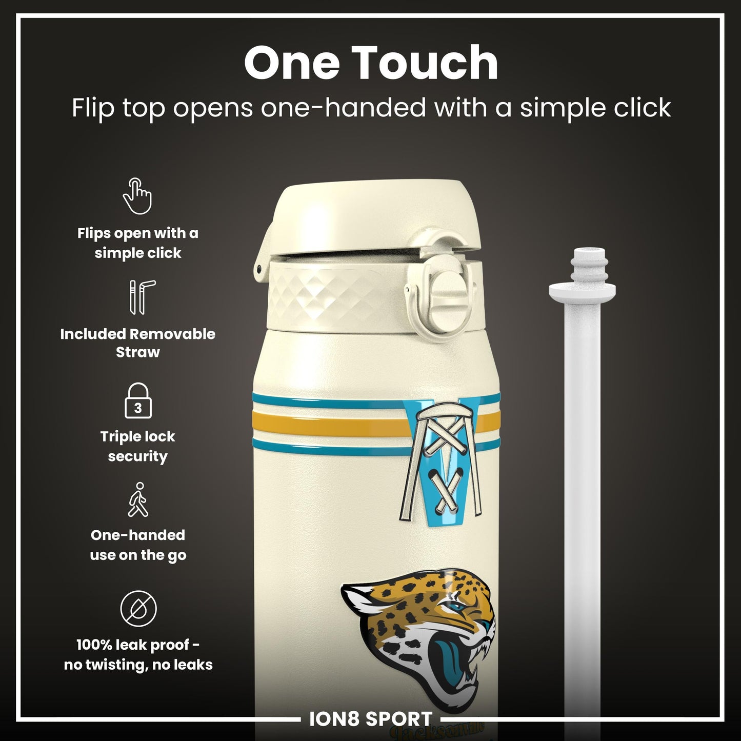 NFL x ION8 Insulated Steel Water Bottle, NFL Jaguars, 750ml (24oz)