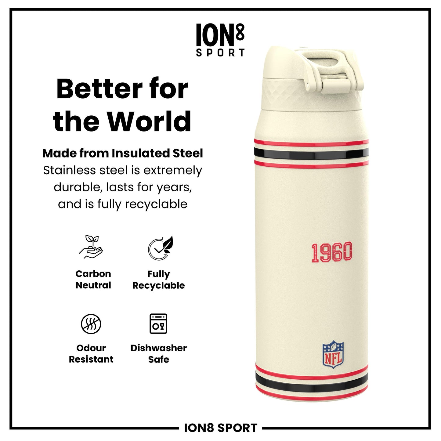 NFL x ION8 Insulated Steel Water Bottle, NFL Chiefs, 750ml (24oz)