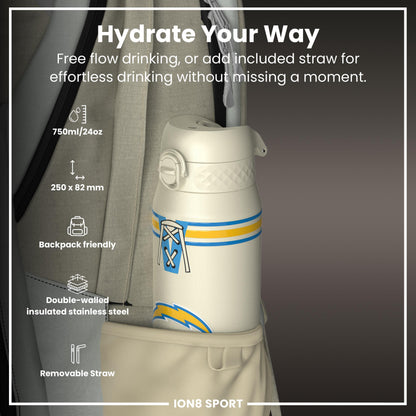 NFL x ION8 Insulated Steel Water Bottle, NFL Chargers, 750ml (24oz)