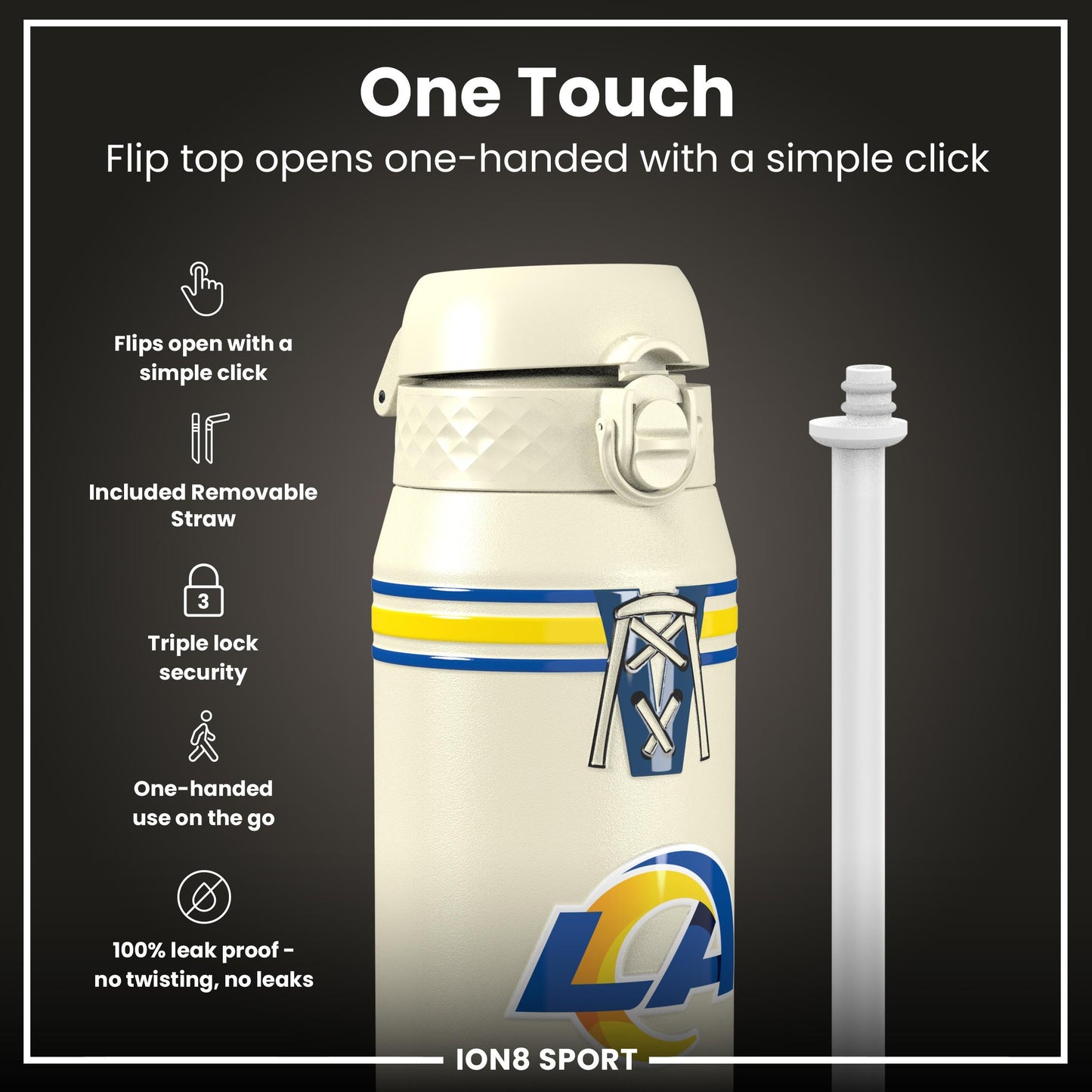 NFL x ION8 Insulated Steel Water Bottle, NFL Rams, 750ml (24oz)