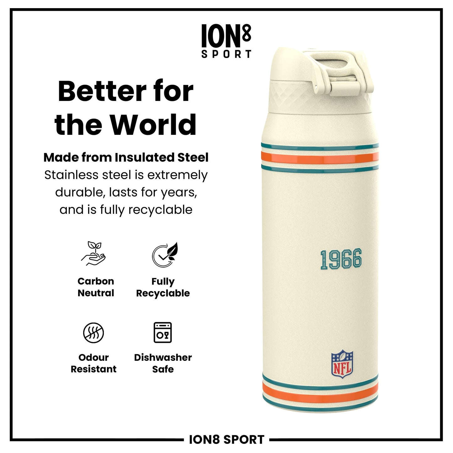 NFL x ION8 Insulated Steel Water Bottle, NFL Dolphins, 750ml (24oz)