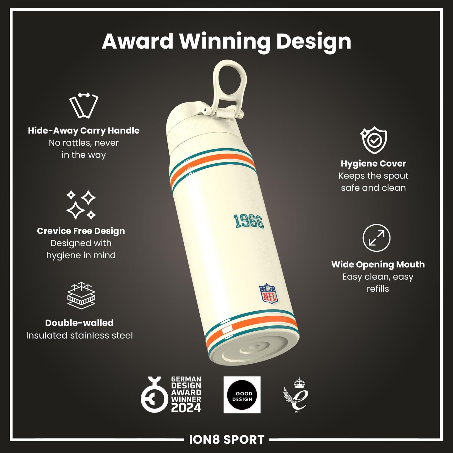 NFL x ION8 Insulated Steel Water Bottle, NFL Dolphins, 750ml (24oz)