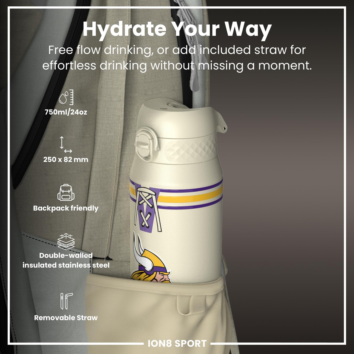 NFL x ION8 Insulated Steel Water Bottle, NFL Vikings, 750ml (24oz)