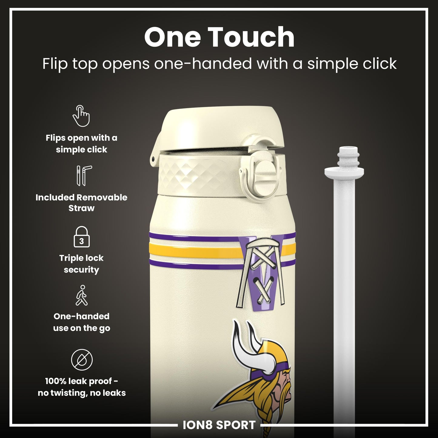 NFL x ION8 Insulated Steel Water Bottle, NFL Vikings, 750ml (24oz)
