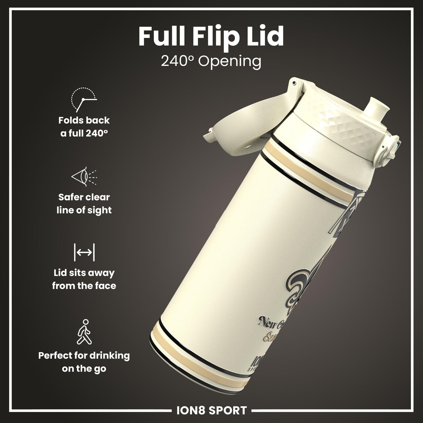 NFL x ION8 Insulated Steel Water Bottle, NFL Saints, 750ml (24oz)