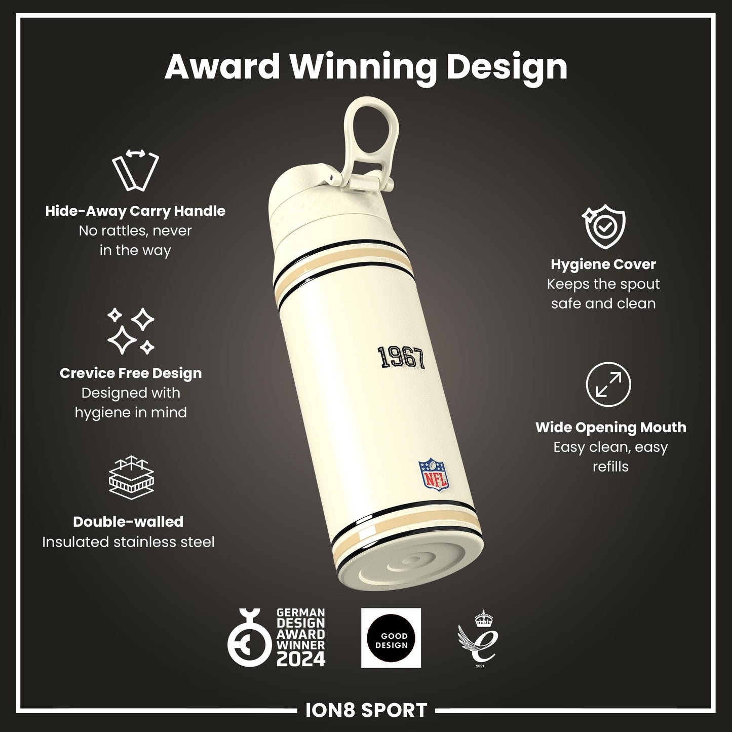 NFL x ION8 Insulated Steel Water Bottle, NFL Saints, 750ml (24oz)