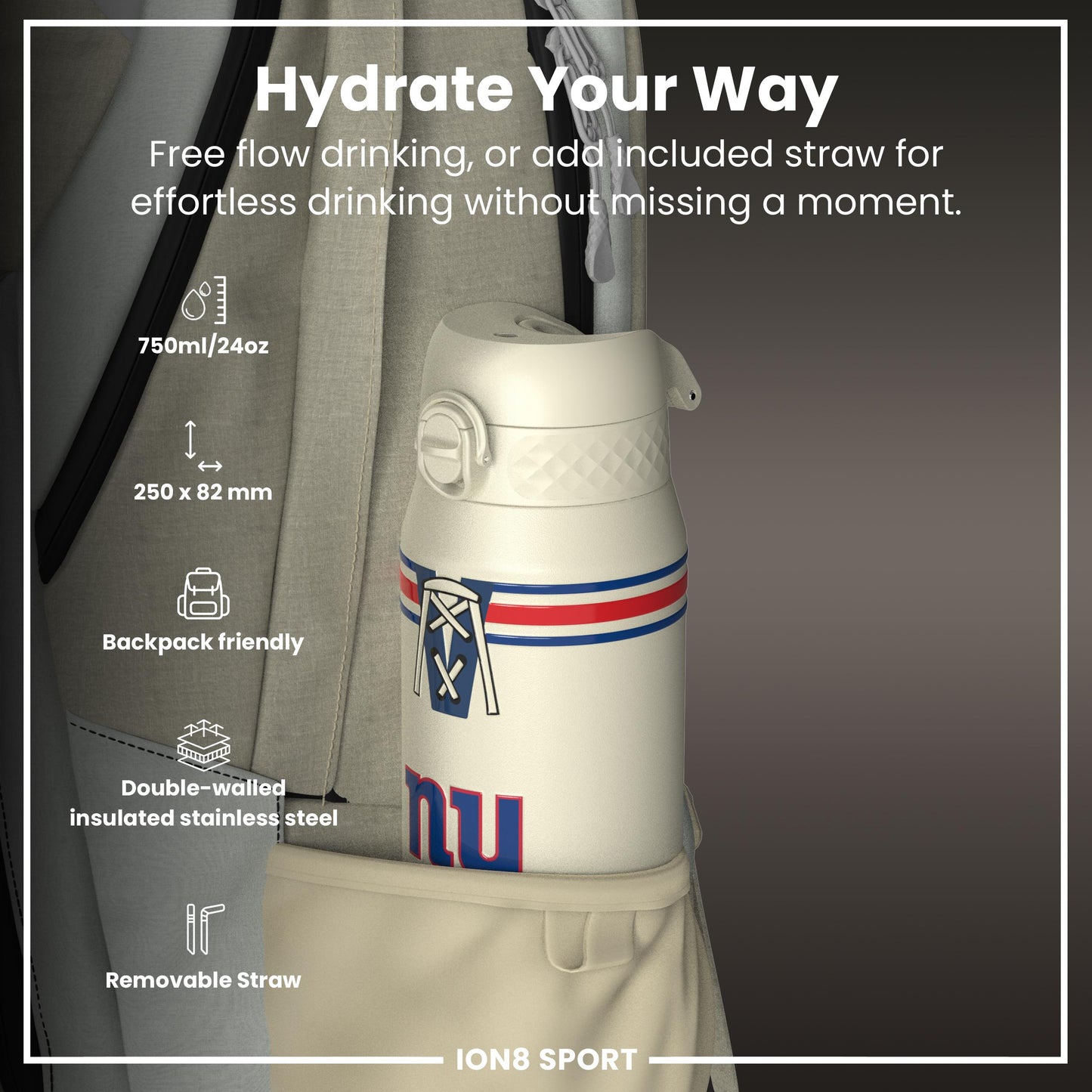 NFL x ION8 Insulated Steel Water Bottle, NFL Giants, 750ml (24oz)