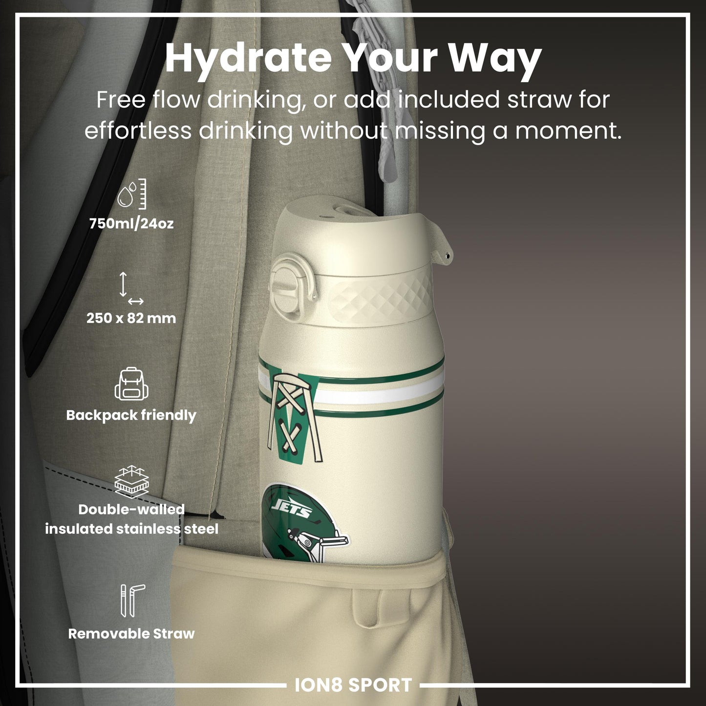 NFL x ION8 Insulated Steel Water Bottle, NFL Jets, 750ml (24oz)